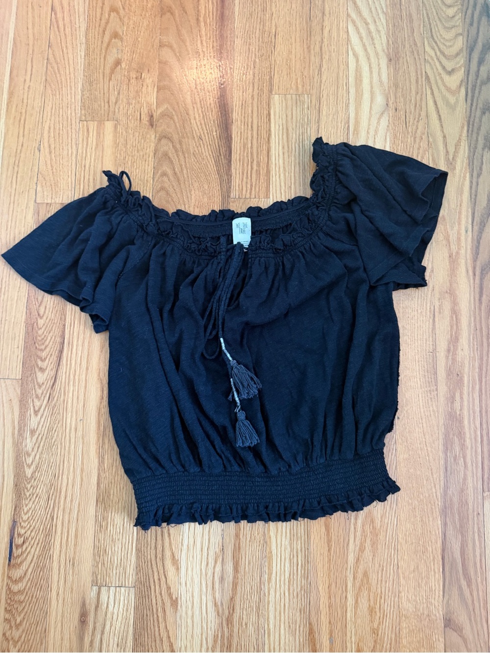 Free People Black Off-the-Shoulder Tie-Front Crop Top